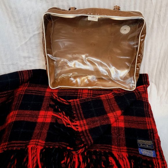1950s Pendleton Robe In A Bag Designer Throw Blanket Red Black Wool Plaid Fringe
